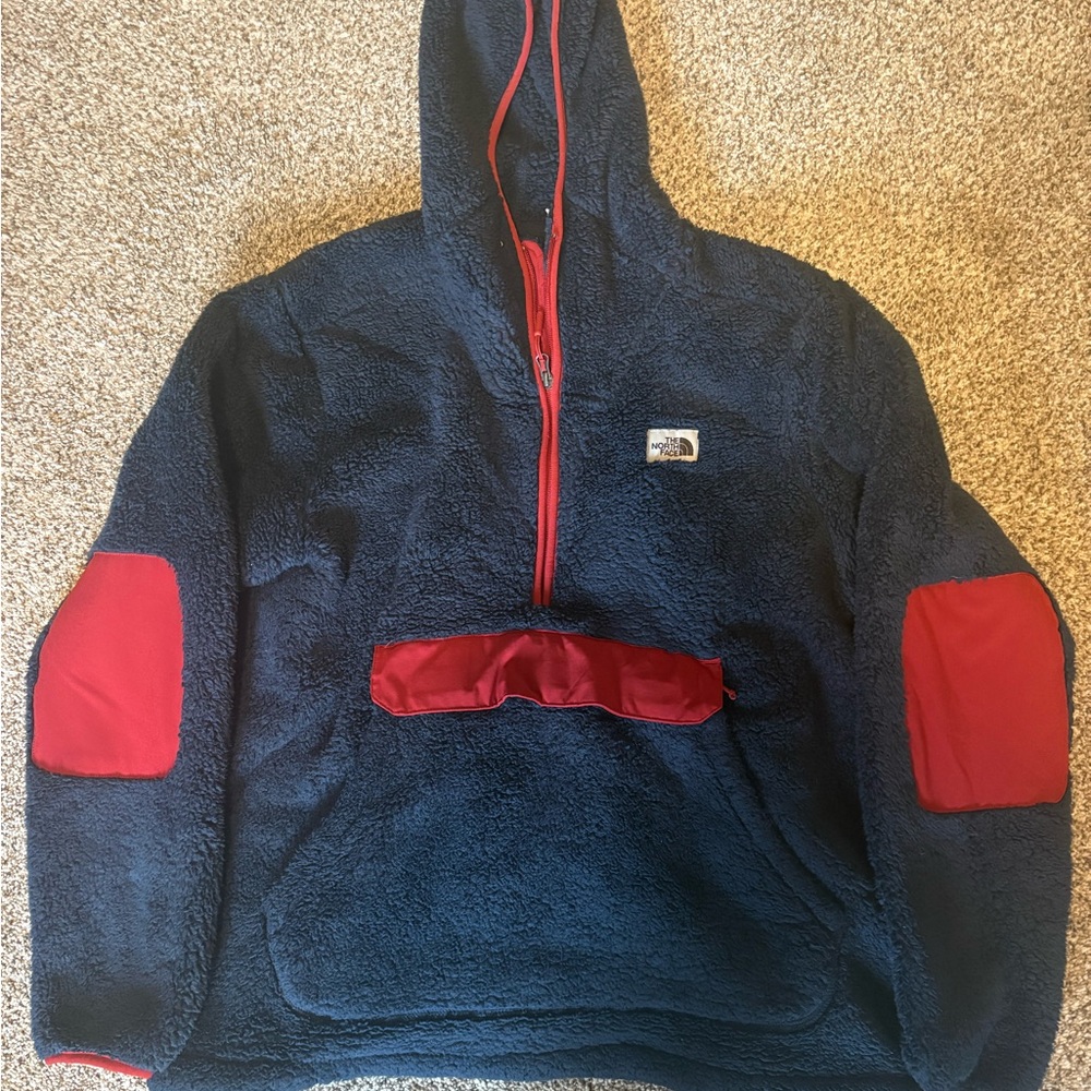 North Face Navy Blue Sherpa Hoodie with Red Accents